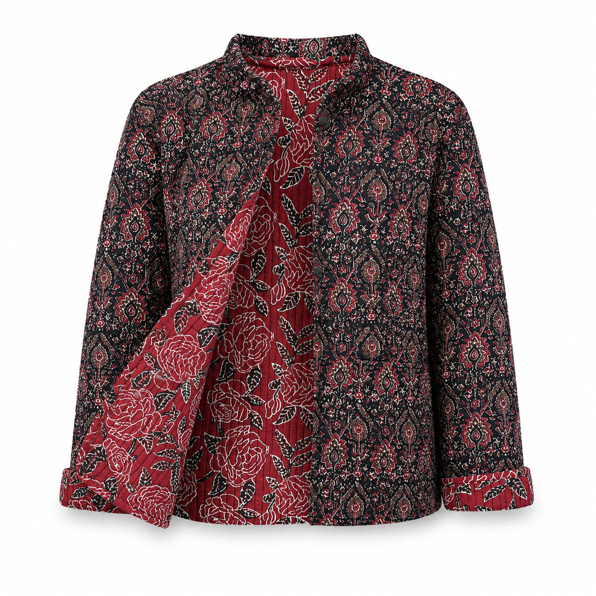 Women's Reversible Padded Kantha Jacket - Floral Print