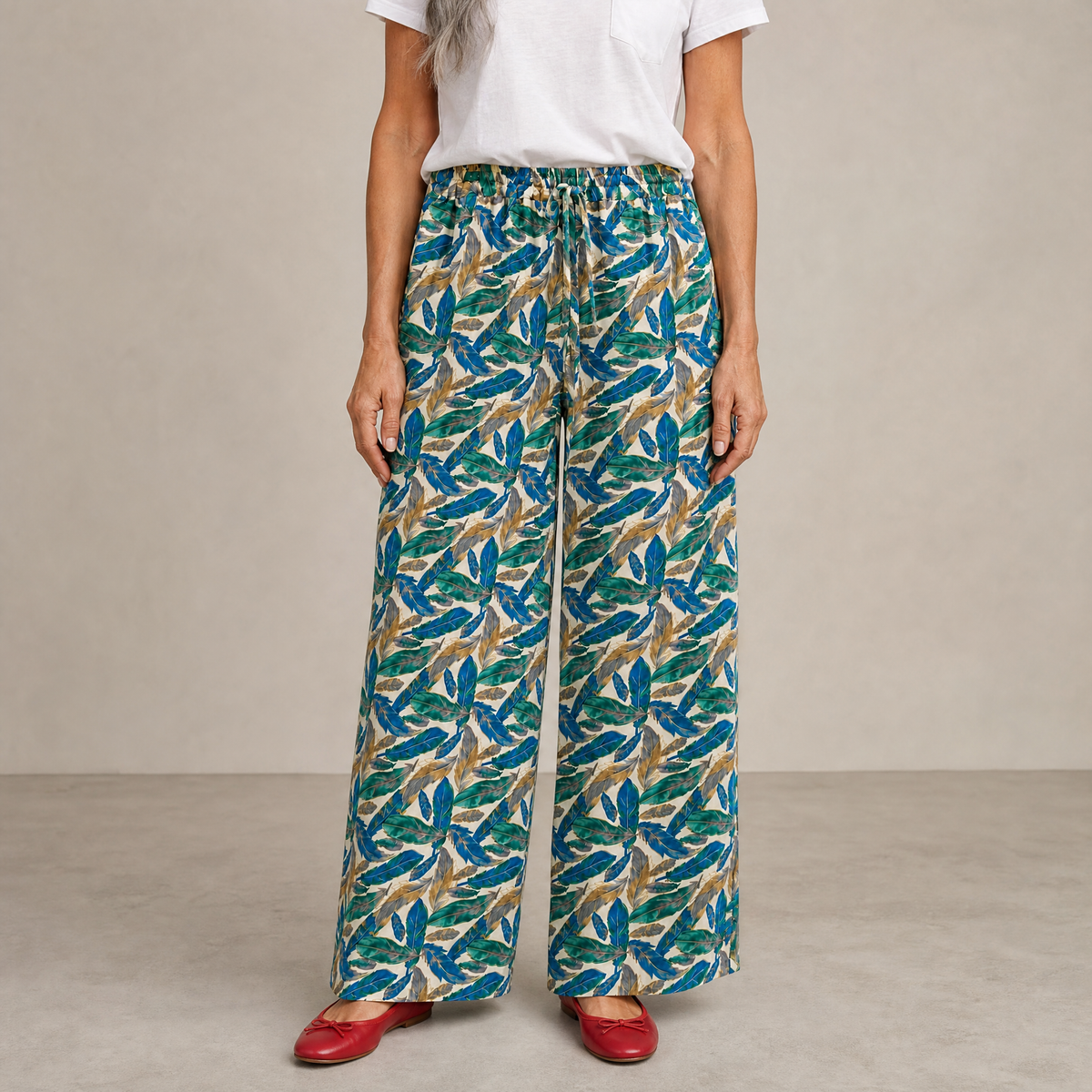 Women's Feather Print Cotton Trousers - Blue/Green