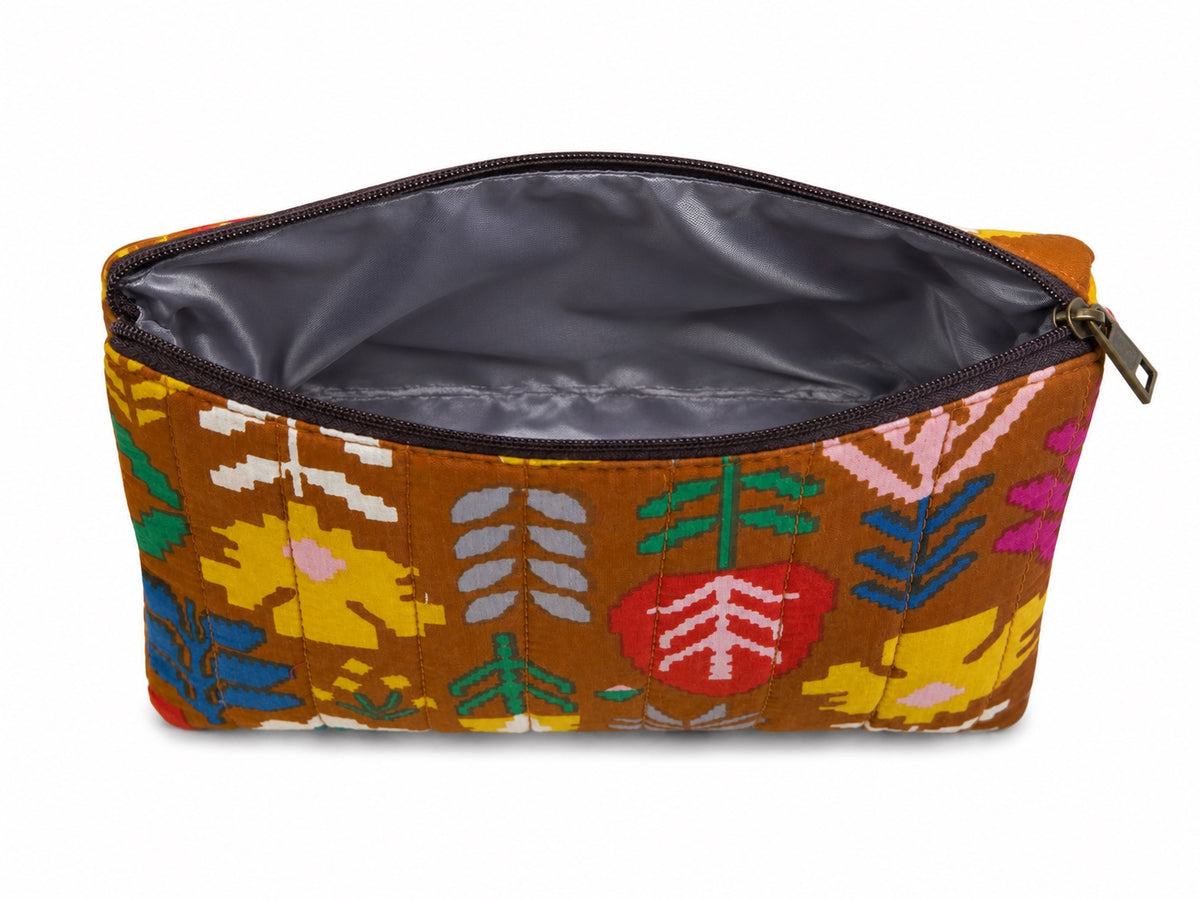 100% Cotton Floral Make Up Bag - Brown