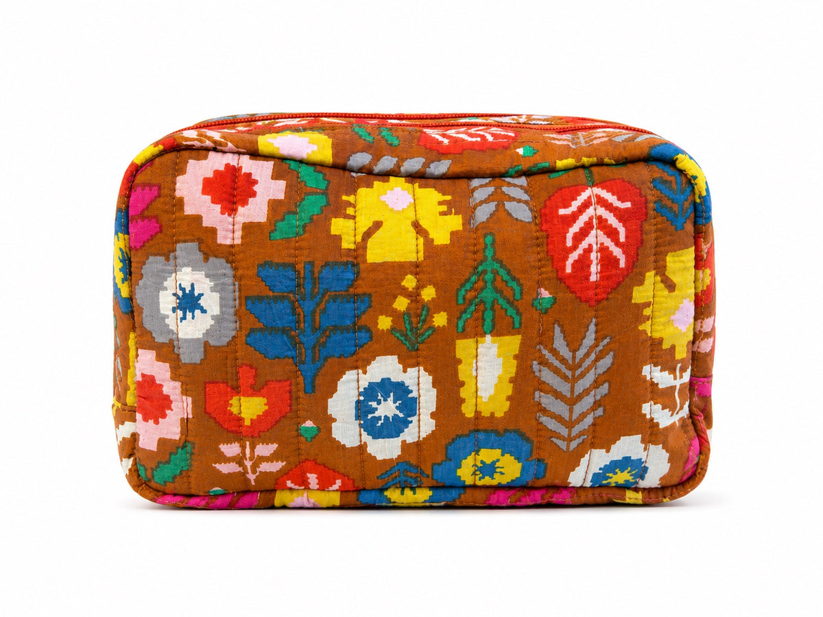 100% Cotton Floral Wash Bag - Brown