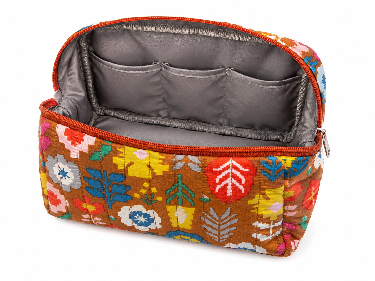 100% Cotton Floral Wash Bag - Brown