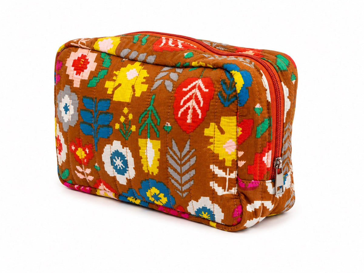 100% Cotton Floral Wash Bag - Brown