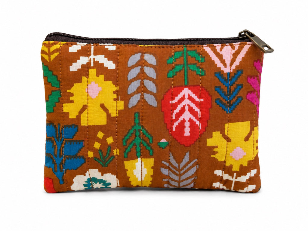 100% Cotton Floral Make Up Bag - Brown