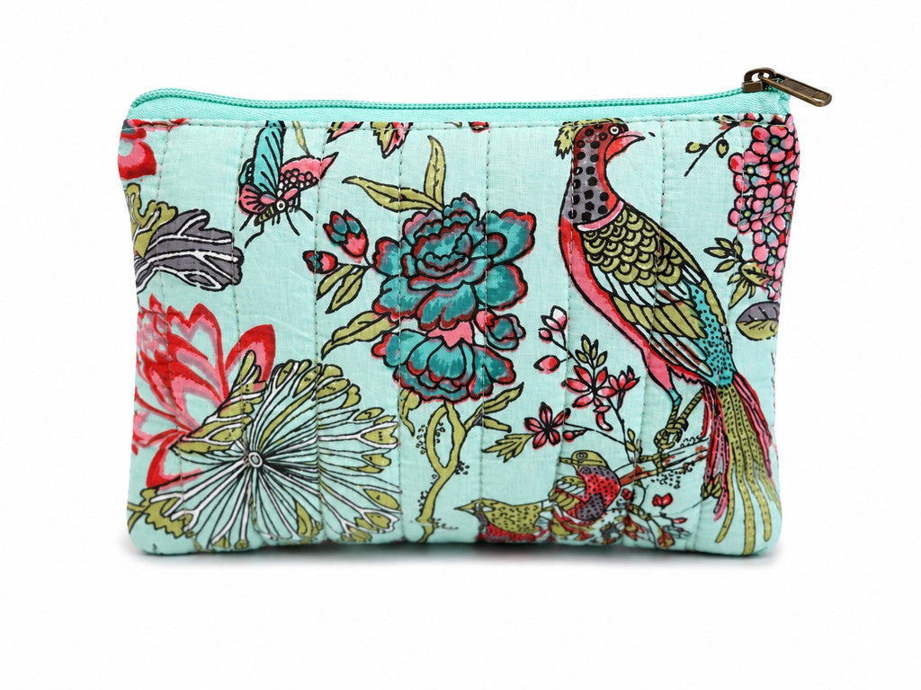 100% Cotton Floral Make Up Bag - Green Birds