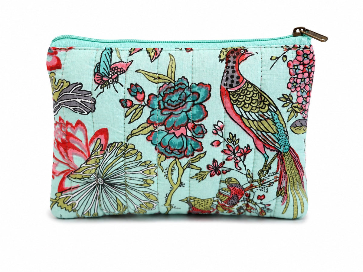 100% Cotton Floral Make Up Bag - Green Birds
