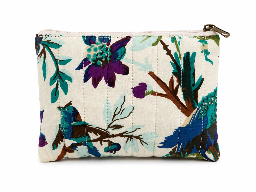 100% Cotton Floral Make Up Bag - White/Purple