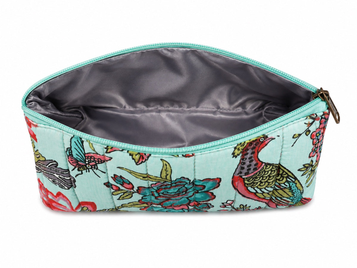 100% Cotton Floral Make Up Bag - Green Birds