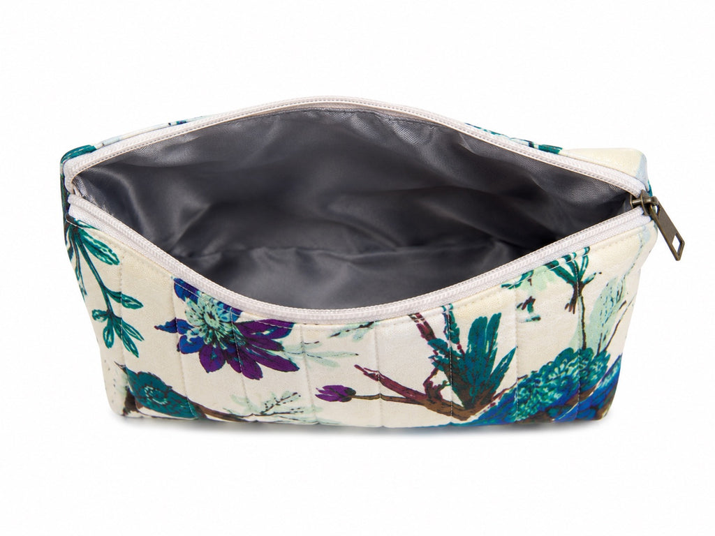 100% Cotton Floral Make Up Bag - White/Purple