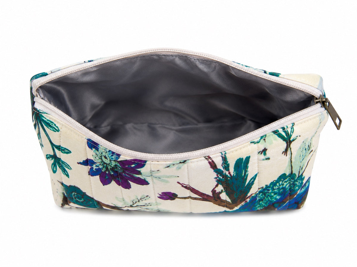 100% Cotton Floral Make Up Bag - White/Purple