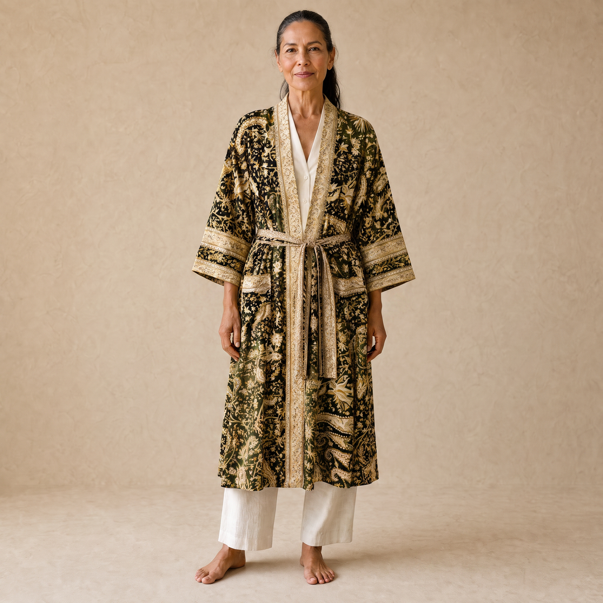 Women's Art Silk Dressing Gown - Gold Paisley