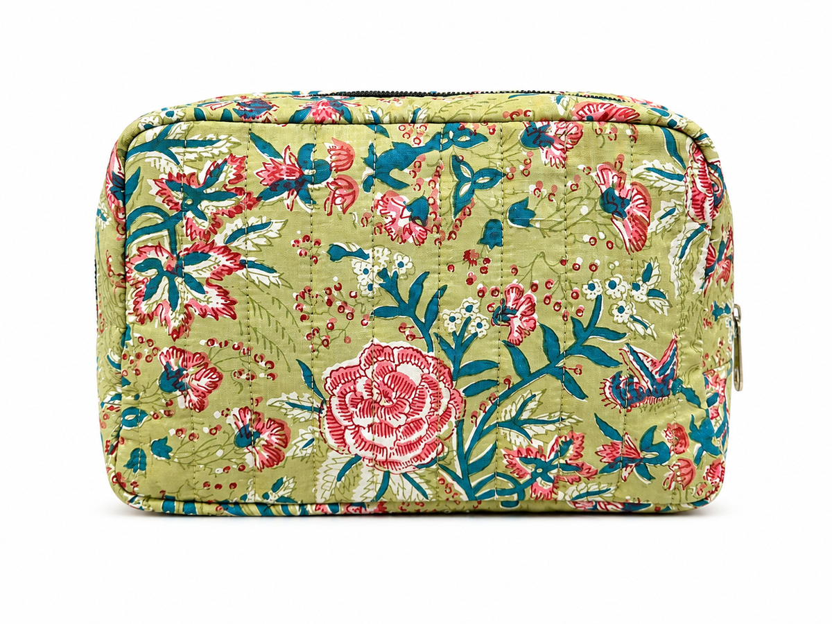 100% Cotton Floral Wash Bag - Green