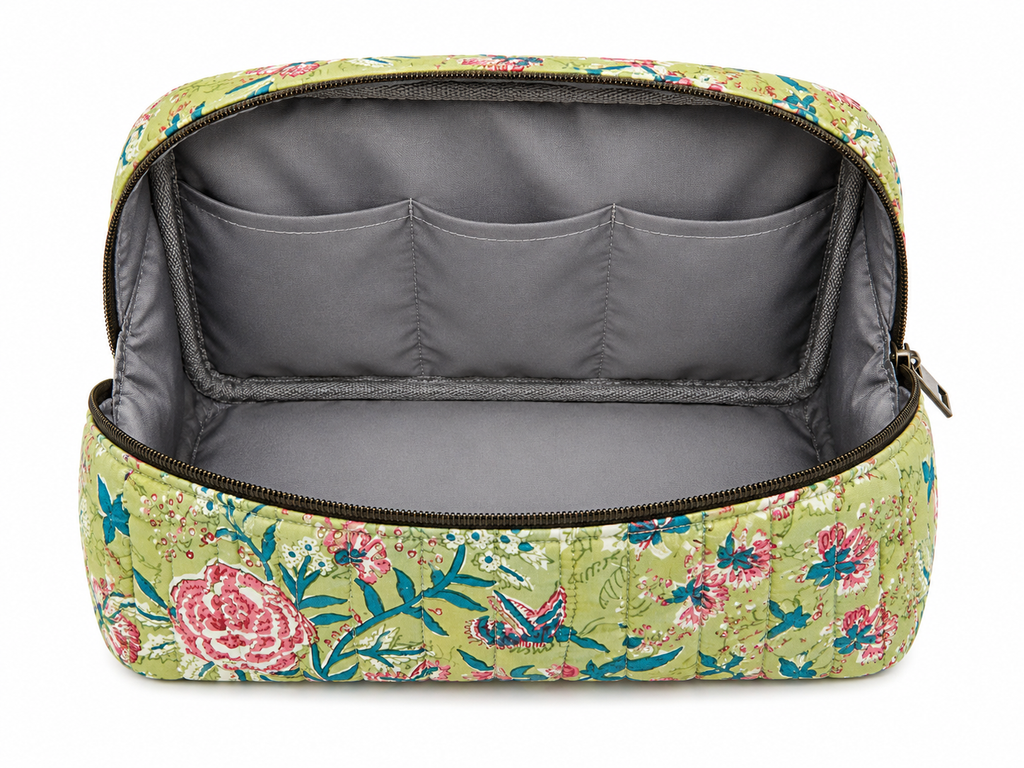 100% Cotton Floral Wash Bag - Green