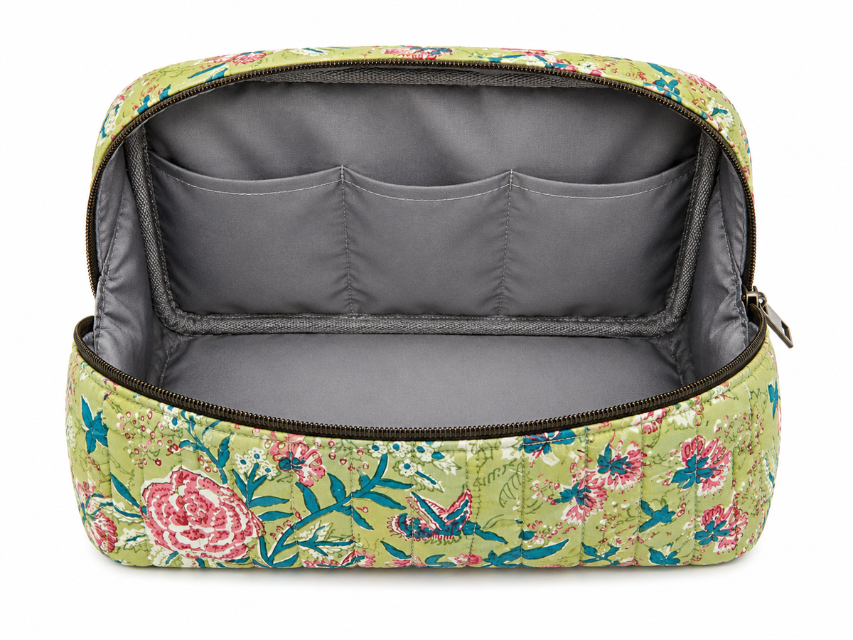 100% Cotton Floral Wash Bag - Green