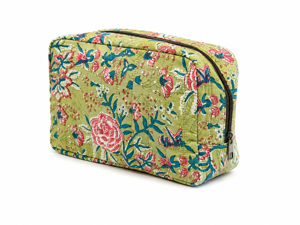 100% Cotton Floral Wash Bag - Green