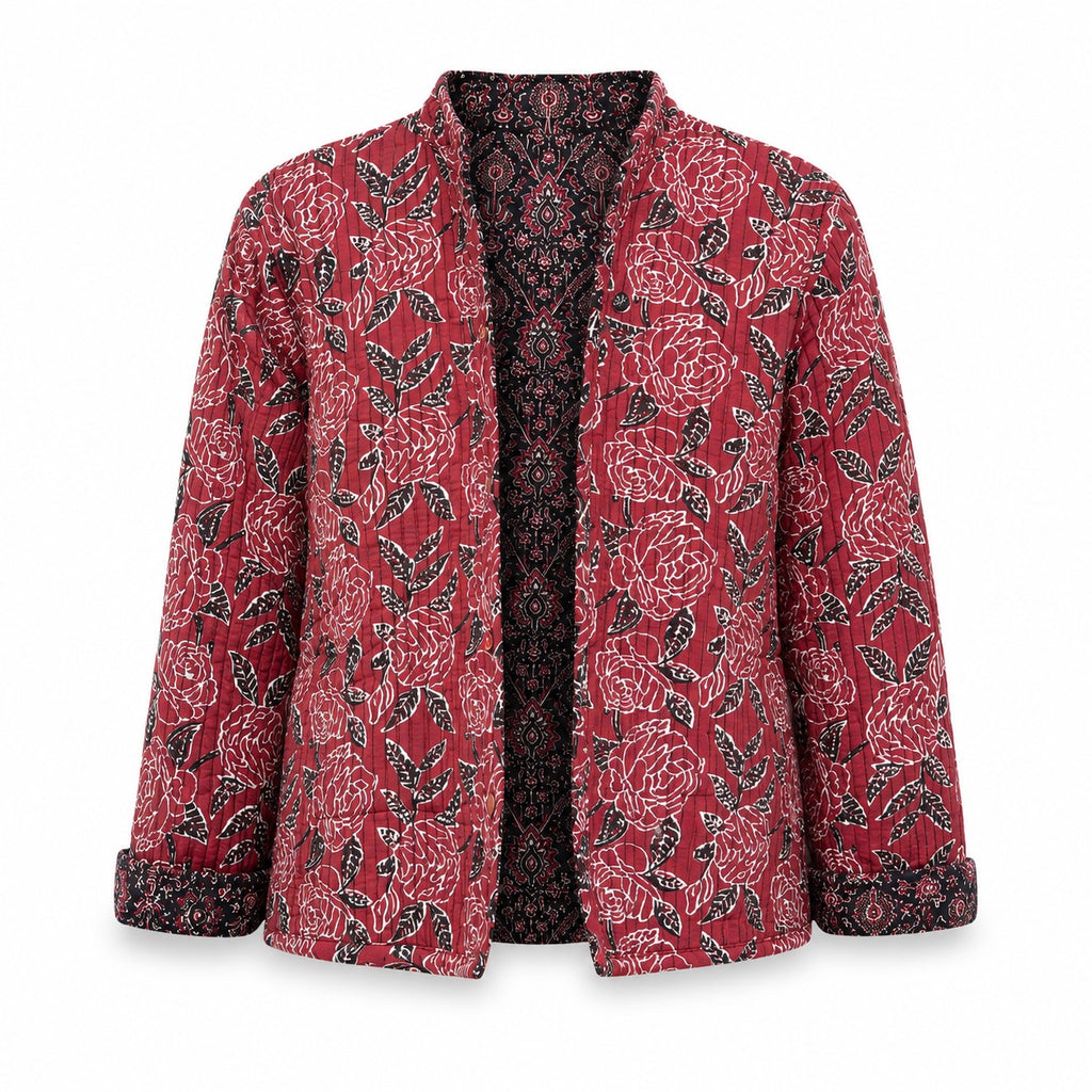 Women's Reversible Padded Kantha Jacket - Floral Print