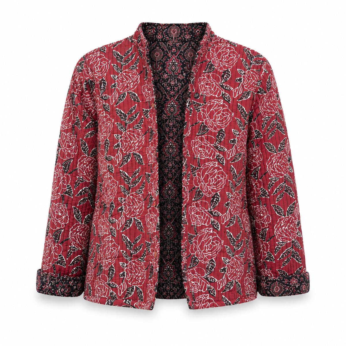 Women's Reversible Padded Kantha Jacket - Floral Print