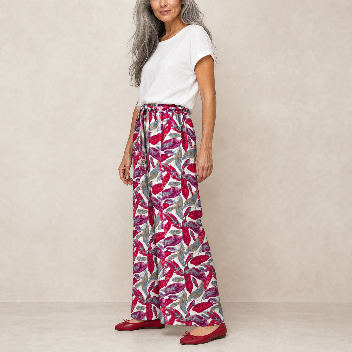 Women's Feather Print Cotton Trousers - Red/White