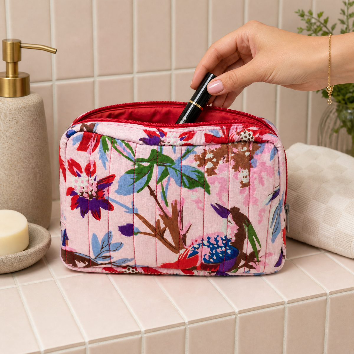 100% Cotton Floral Wash Bag - Pink