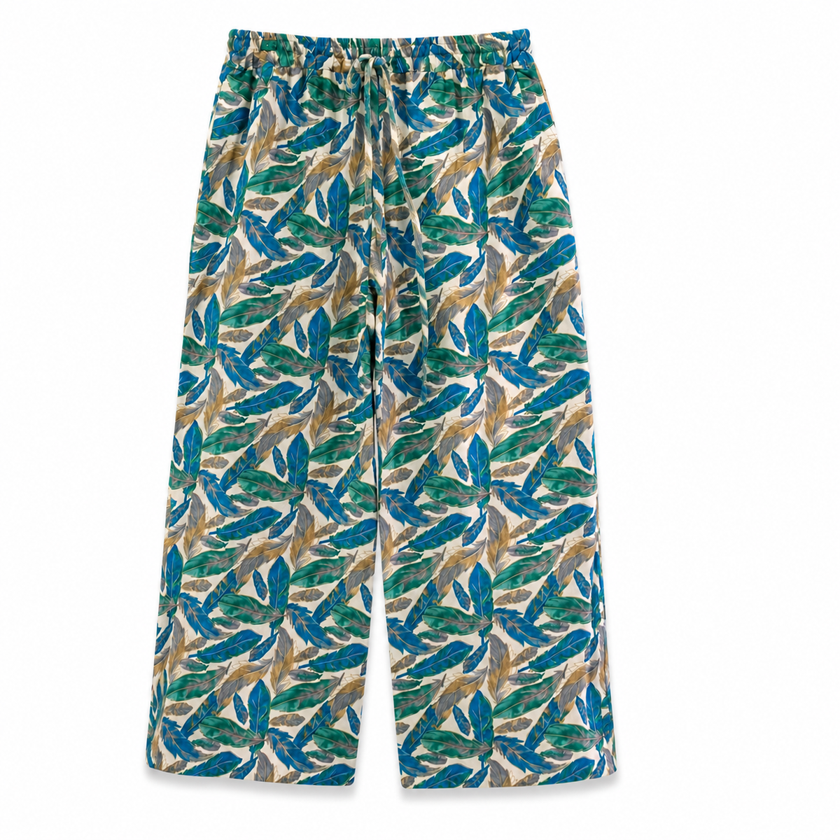 Women's Feather Print Cotton Trousers - Blue/Green