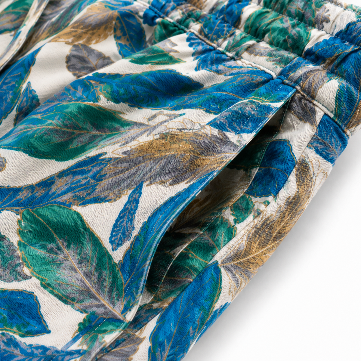 Women's Feather Print Cotton Trousers - Blue/Green