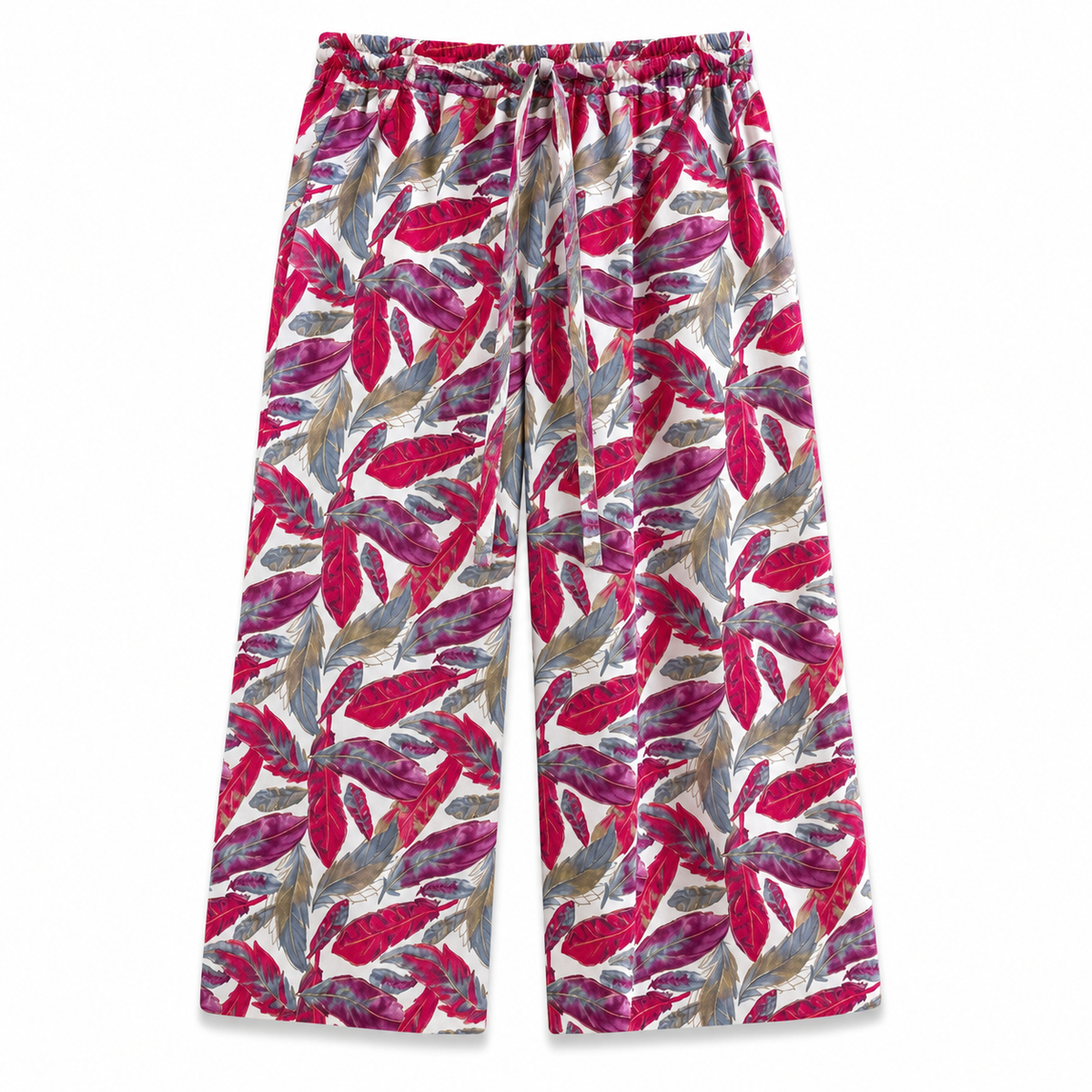 Women's Feather Print Cotton Trousers - Red/White