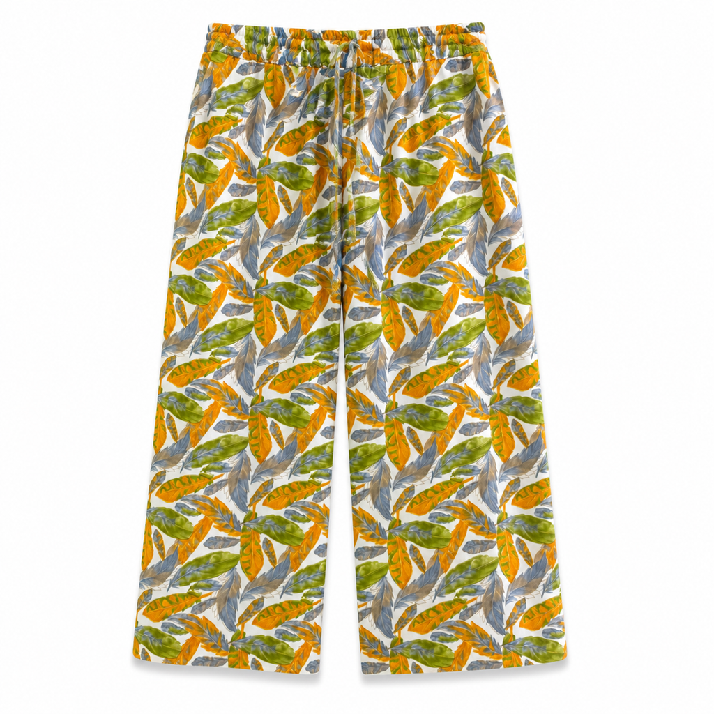 Women's Feather Print Cotton Trousers - Yellow/Green