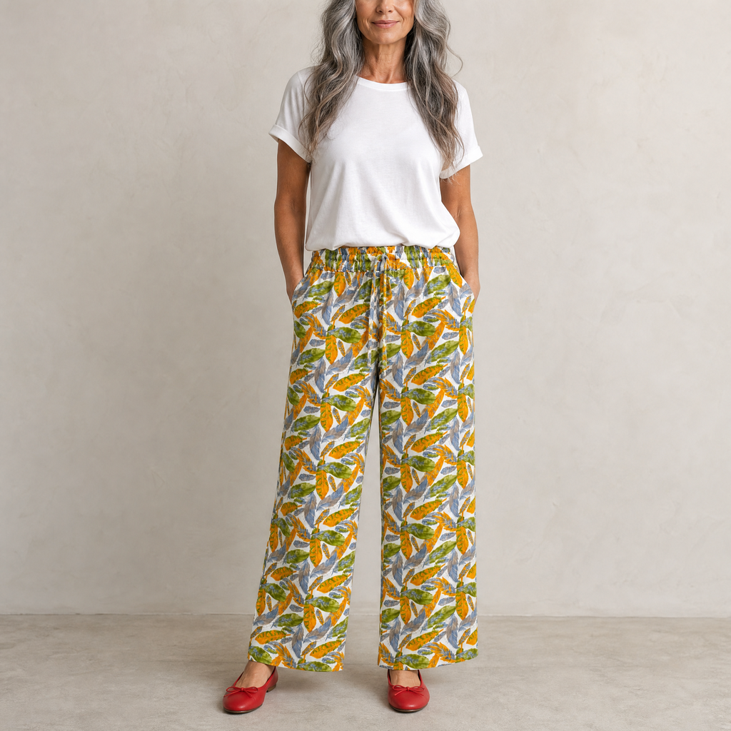 Women's Feather Print Cotton Trousers - Yellow/Green