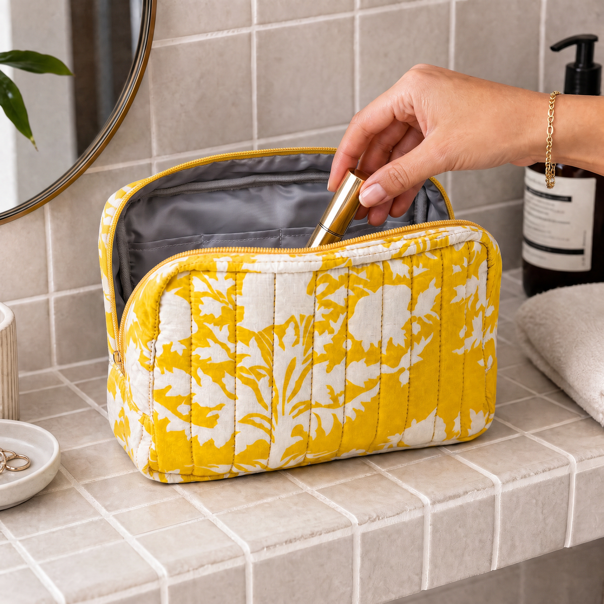 100% Cotton Floral Wash Bag - Yellow
